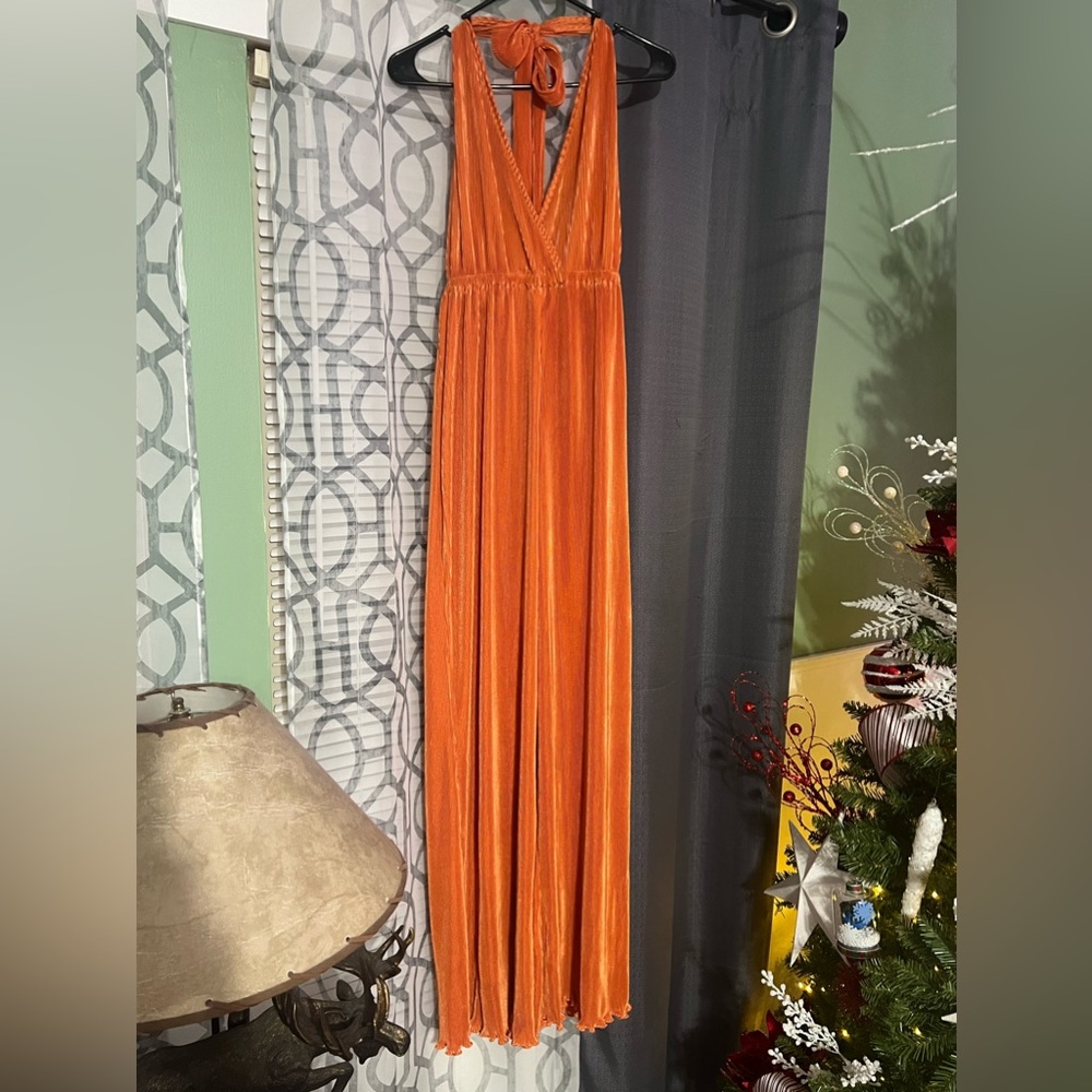 Q2 Satin Halter Neck Pleated Maxi Jumpsuit